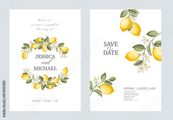 Obraz Wedding invitation. Lemon illustration. hand-drawn frame.