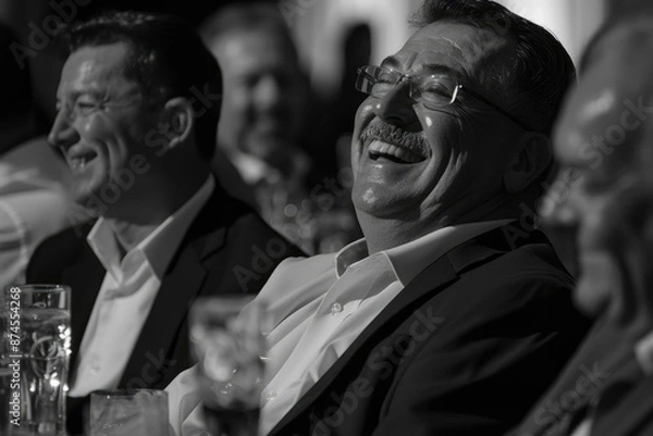 Fototapeta Several men in suits are seated together, laughing heartily and enjoying each other's company, creating a joyful and relaxed atmosphere.