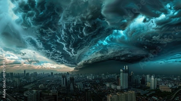 Fototapeta Massive, swirling storm clouds dominate the sky over a sprawling cityscape, casting an ominous, dark shadow. The approaching storm contrasts with the urban setting below.