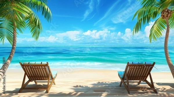 Fototapeta Tropical beach - chairs and palm trees on coral sand with blue ocean - summer vacation. Beach. Ultra realistic. Photorealistic