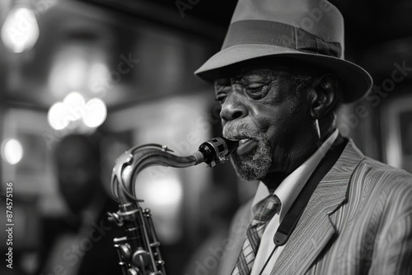 Obraz African American musician performing at a lively jazz club, playing the saxophone in black and white