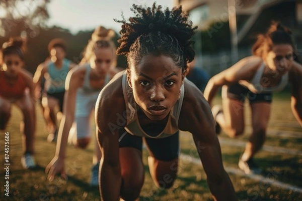 Fototapeta Athletes crouch at the starting line, poised for a race. Intensity and focus are evident in their expressions as they await the race's commencement.