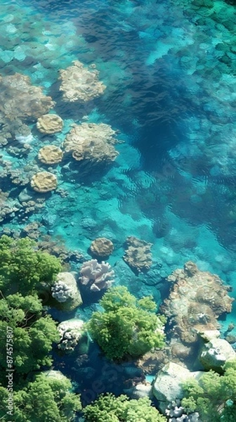 Obraz Aerial Perspective of Vibrant Tropical Coral Reef Ecosystem in Turquoise Ocean Waters