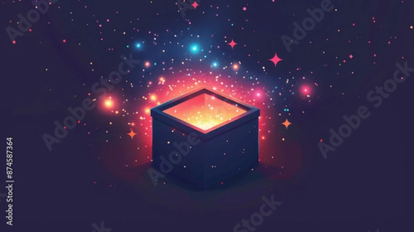 Fototapeta A dark-themed illustration of an open box emitting colorful sparkles and lights, creating a magical and enchanting visual effect.