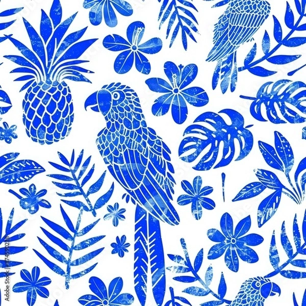 Obraz Colorful Parrot and Geometric Shapes Seamless Pattern