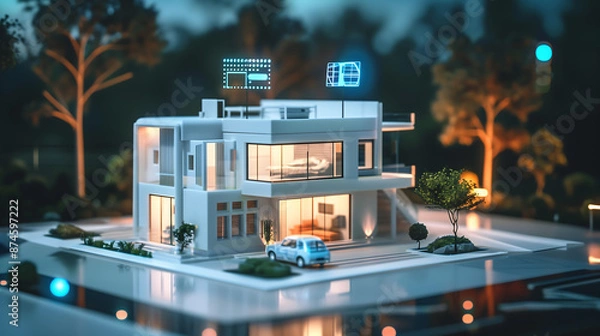 Fototapeta A modern house with smart home technology and energy efficiency, in the style of an electric car charging station. 