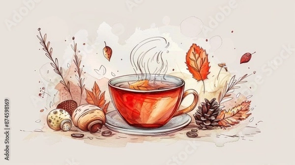 Fototapeta autumn tea illustration, minimalist line art drawing of a steaming cup of tea with warm autumn-themed doodles like acorns and pinecones in cozy hues