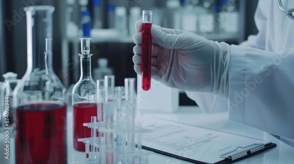 Fototapeta Scientist examining a red liquid in a test tube in a laboratory setting.