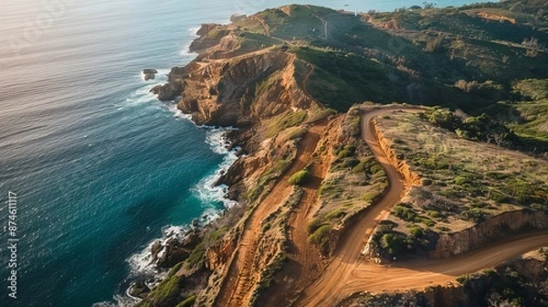 Fototapeta A photo of James Price Point from above, shows a dirt road winding along cliffs and the ocean in the distance.