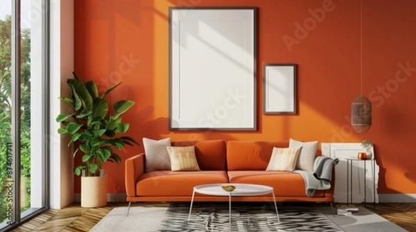 Fototapeta Living room design with blank poster on the wall. generative ai