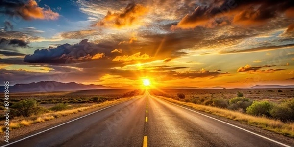 Fototapeta Sunset casting a warm glow over a deserted road , sunset, road, dusk, evening, horizon, orange, sky, clouds, serene