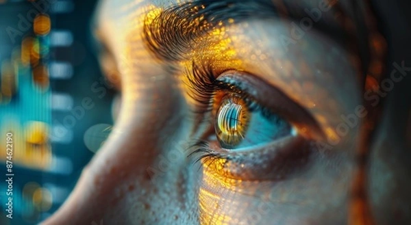 Fototapeta A close-up of an eye with stock market charts reflected in it, symbolizing the precision and focus captured for financial photography.