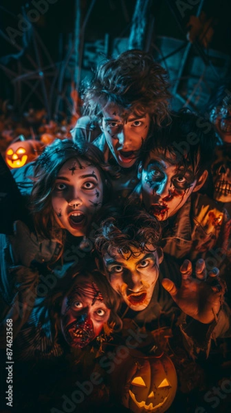 Obraz Group of young people in terrifying horror Halloween costumes with mutant zombies