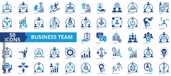 Fototapeta Business team icon collection set. Containing collaboration, strategy, leadership, communication, innovation, empowerment, synergy icon. Simple flat vector illustration.