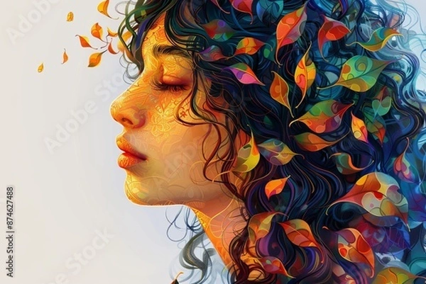 Fototapeta Vibrant profile of a woman with leaf hair, symbolizing nature, beauty, and artistic expression in a colorful design