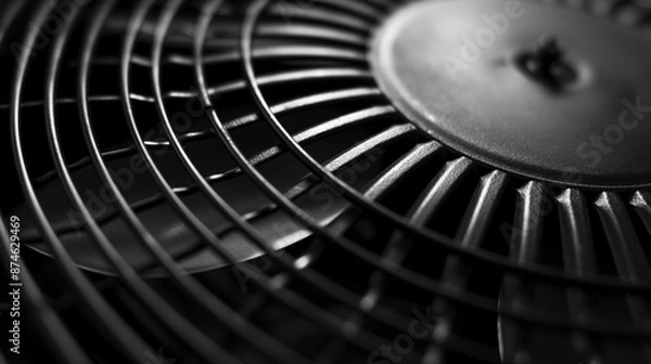 Fototapeta Image of a black industrial fan with metal blades and protective grille.