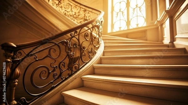 Fototapeta Elegant staircase with ornate wrought iron railing and golden light filtering through windows.