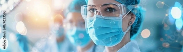 Obraz Close-up portrait of a woman wearing a face mask and protective goggles.