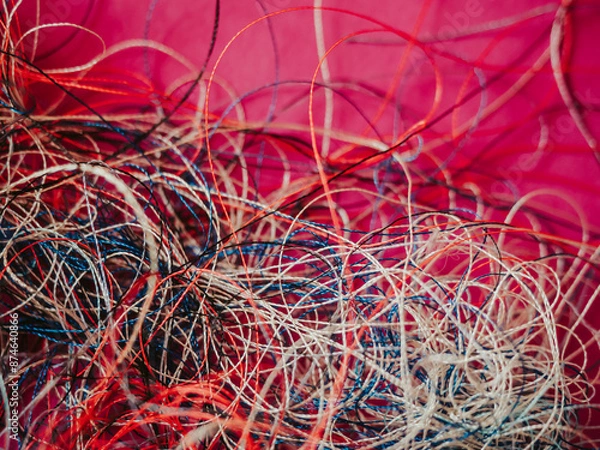 Fototapeta Chaotically tangled threads. Embroidery threads randomly woven. Huge knot. Extreme macro. Beautiful story for intro. Title credits. Abstract screensaver. Handicraft concept, entropy, disorder measure