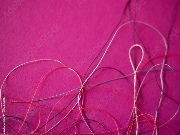 Fototapeta Chaotically tangled threads. Embroidery threads randomly woven. Huge knot. Extreme macro. Beautiful story for intro. Title credits. Abstract screensaver. Handicraft concept, entropy, disorder measure