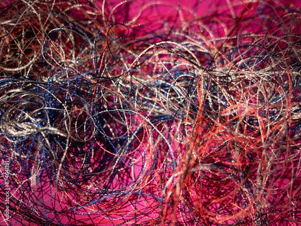 Fototapeta Chaotically tangled threads. Embroidery threads randomly woven. Huge knot. Extreme macro. Beautiful story for intro. Title credits. Abstract screensaver. Handicraft concept, entropy, disorder measure