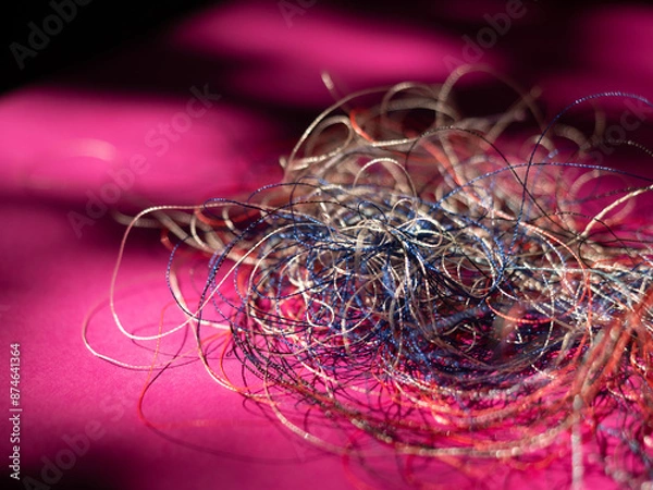 Fototapeta Chaotically tangled threads. Embroidery threads randomly woven. Huge knot. Extreme macro. Beautiful story for intro. Title credits. Abstract screensaver. Handicraft concept, entropy, disorder measure