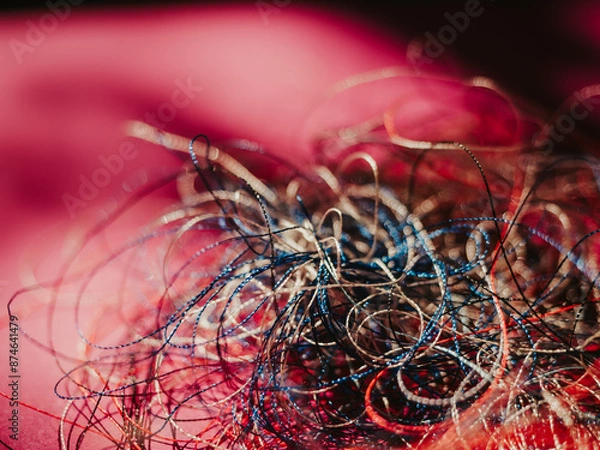 Fototapeta Chaotically tangled threads. Embroidery threads randomly woven. Huge knot. Extreme macro. Beautiful story for intro. Title credits. Abstract screensaver. Handicraft concept, entropy, disorder measure