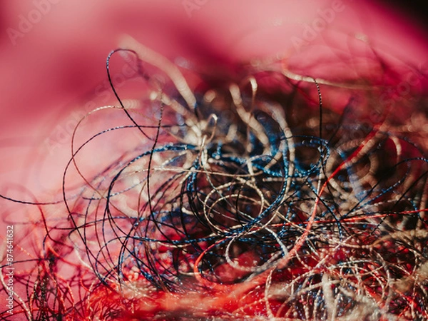 Obraz Chaotically tangled threads. Embroidery threads randomly woven. Huge knot. Extreme macro. Beautiful story for intro. Title credits. Abstract screensaver. Handicraft concept, entropy, disorder measure