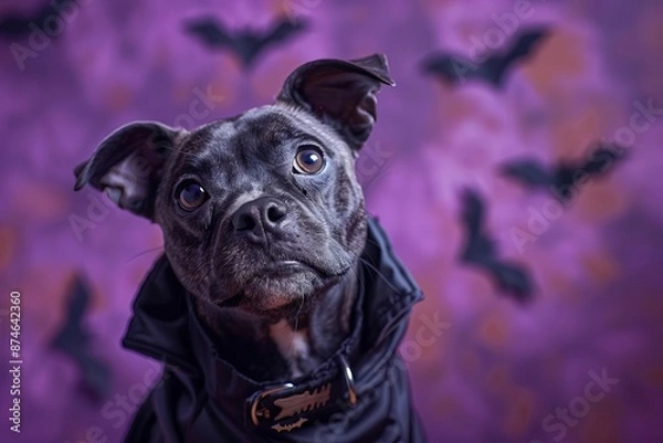 Obraz A pet dressed up in a Halloween costume on a mysterious purple backdrop with bat silhouettes
