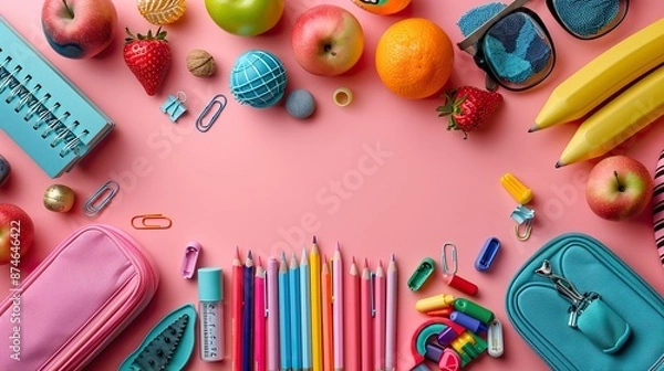 Obraz school equipment frame of school supplies on pink background flat lay.stock image