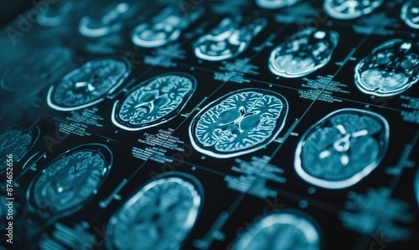 Obraz Multiple MRI brain scans showing different angles and sections. Medical imaging for neurology, brain health, and disease diagnosis.