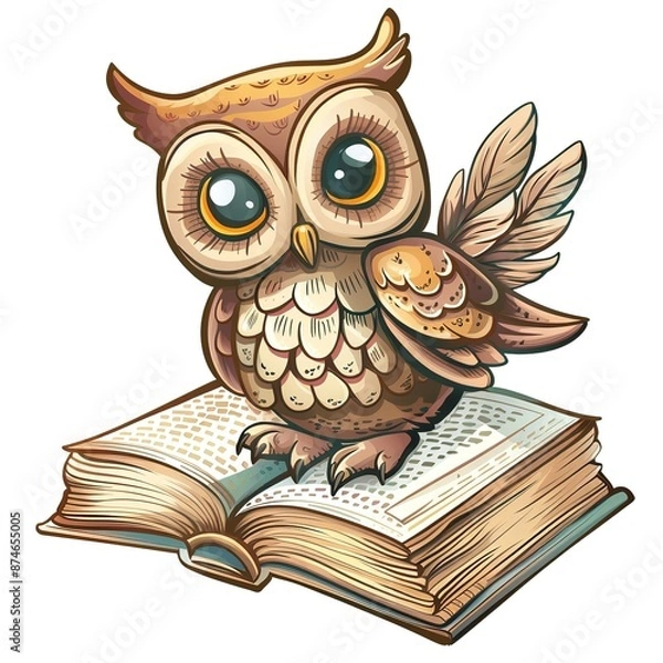Fototapeta A cute owl sitting on an open book, cartoon style tattoo design with pastel colors, transparent background, png format. Job ID: 6e4fa6b3-3dff-4c20-bce1-7734a14115da