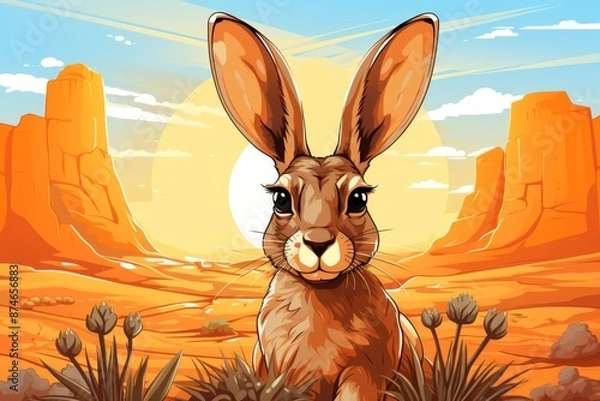Fototapeta Jackrabbit with ears erect flat design top view desert theme cartoon drawing vivid