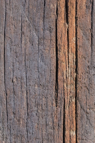 Fototapeta Old Weathered Cracked Rotten Wooden Railway Sleeper Coarse Surface, with Lichen and Fungi Growth.