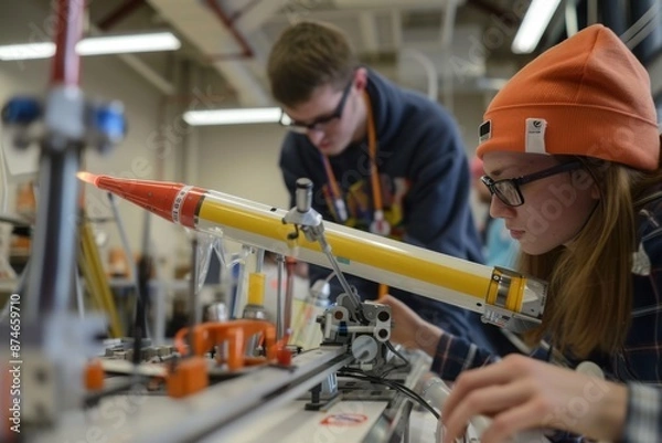 Fototapeta Female Student Examining Model Rocket Engine