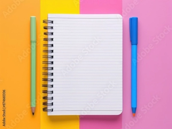 Fototapeta Open spiral notebook with lined pages between a green pencil and blue pen on a vibrant colorful background.