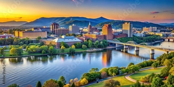 Fototapeta Scenic view of downtown Chattanooga with the Tennessee River and mountains in the background , Chattanooga