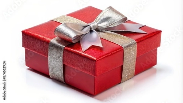 Fototapeta Red Christmas gift box with shiny bow, isolated on white background, red, Christmas, gift, box, shiny, bow, present