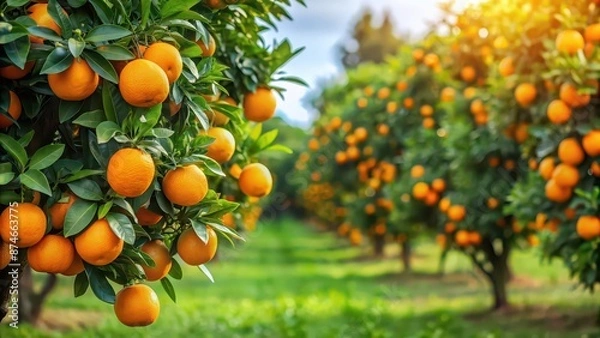 Fototapeta Orange tree in a grove heavy with ripe juicy oranges, orange tree, grove, ripe oranges, juicy, fruit, harvest, citrus