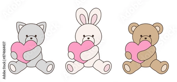 Fototapeta かわいいくまとうさぎとねこのぬいぐるみのベクターイラスト　アイコン　セット　ハート　動物