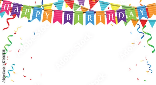 Fototapeta colorful happy birthday border frame with confetti and flag. Happy birthday vector transparent background