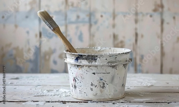 Fototapeta A lone metal bucket filled with fresh white paint, with a brush across the top