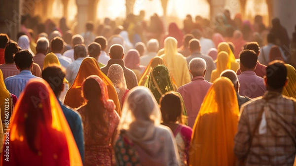 Obraz A group of people participating in a traditional Indian procession or religious ceremony with copy space
