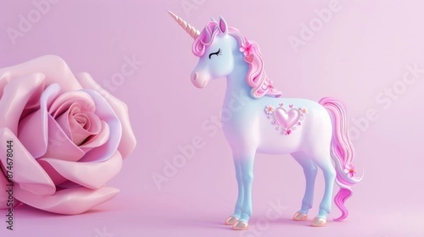 Fototapeta A 3D, colorful unicorn with a heart-patterned saddle, standing next to a giant rose, perfect for a Valentine's Day theme.