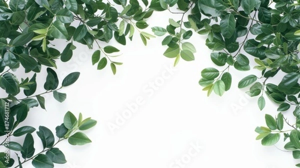 Fototapeta Large tree branches and foliage on the top border on a white background