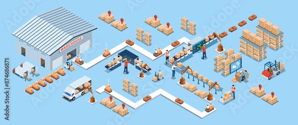 Obraz Automated warehouse robotic and autonomous robot transportation service concept with Automated Guided Vehicles (AGVs) and Autonomous Mobile Robots (AMRs). Vector illustration EPS 10