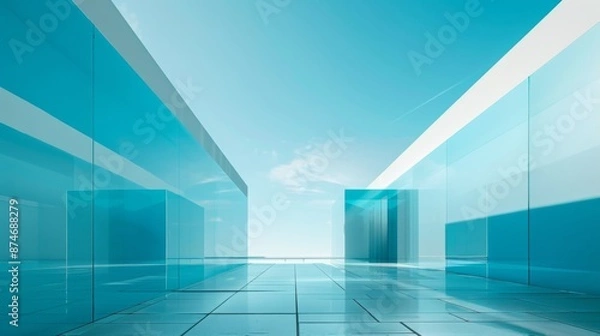 Fototapeta Sky Blue Hue Minimalistic Glass architecture in a Modern Atmosphere, future smart office, business concept, Graphic Resources, Wallpapers, Brochure, Websites, banner design, Advertising, background