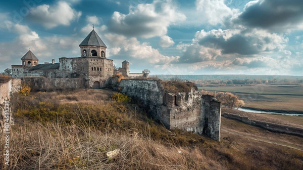 Fototapeta Panoramic view of a historical Ukrainian fort or castle with copy space