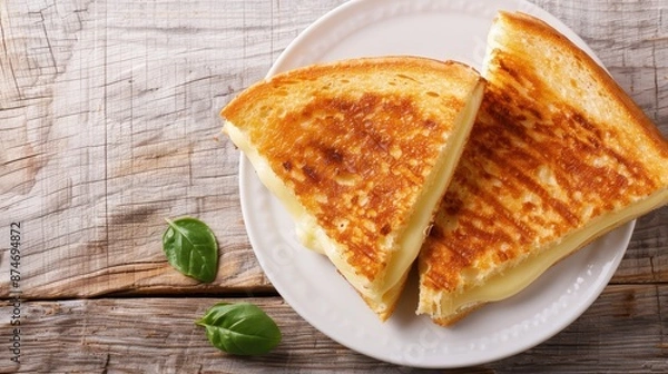 Fototapeta Close-up of a perfectly toasted grilled cheese sandwich cut in half, served on a white plate with basil leaves on a wooden table.