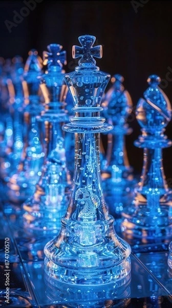 Fototapeta Close-up of a glass chess set illuminated by blue lights, highlighting the intricate details of the king piece and other chess figures.